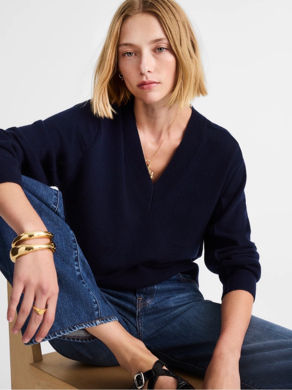 NWT! MADEWELL Women’s Cashmere V-Neck Sweater in Dark Cosmos Navy Size XS - Picture 11 of 12